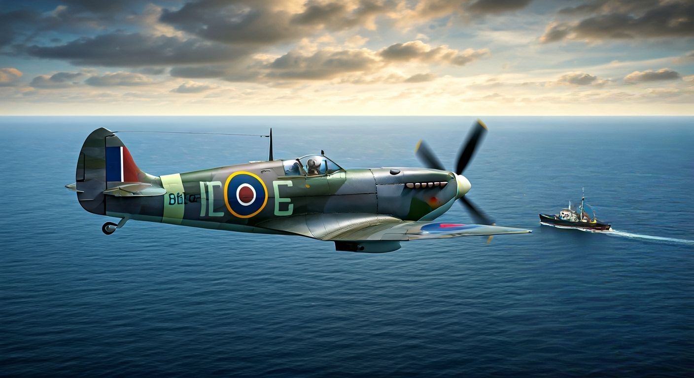Spitfire Fighter Plane Over English Channel