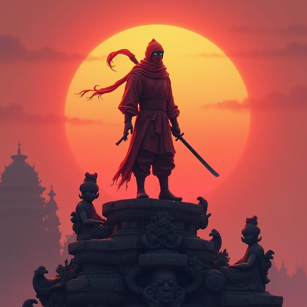 Ninja on Thai Temple at Sunset in Syd Mead Style