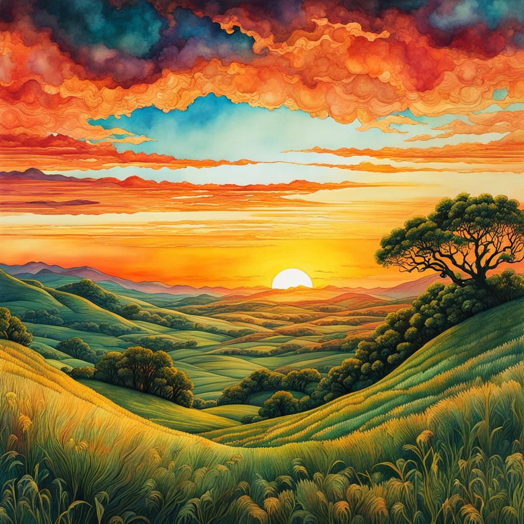 Sunset Over Grassy Hills in Watercolor Collage Art