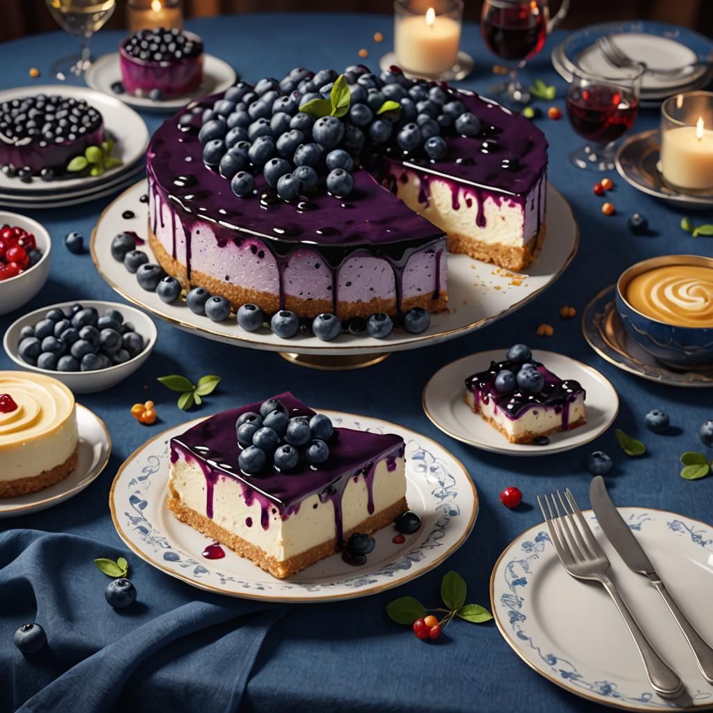 Blueberry Cheesecakes on Party Table, Detailed Matte Paintin...