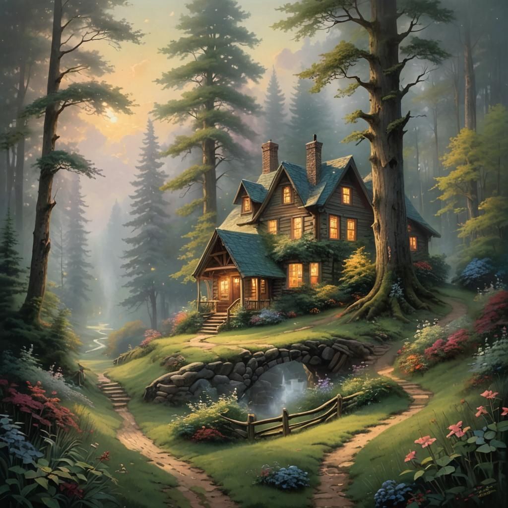 small dear standing on the edge of a woods, ..cabin visible....