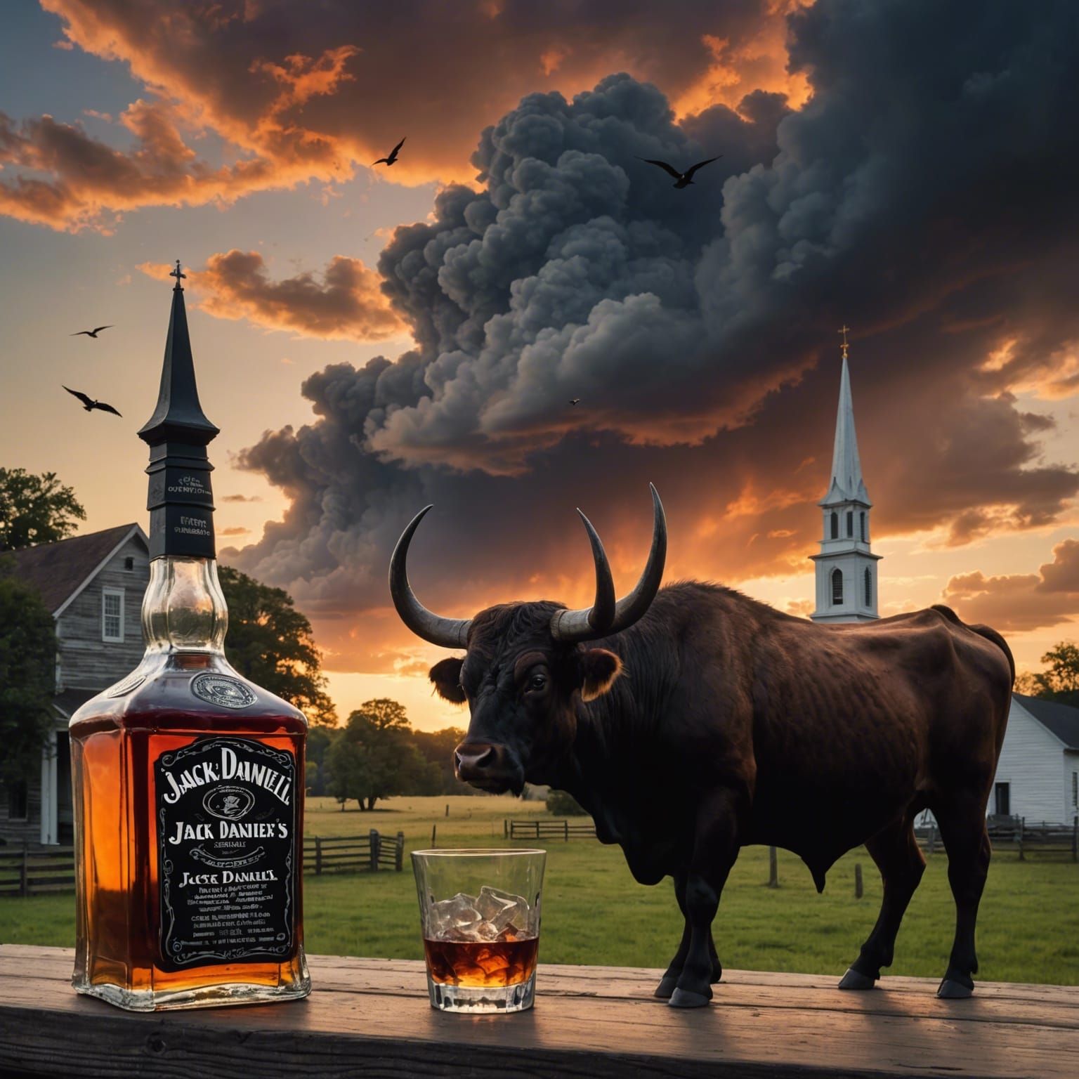 Dramatic Whiskey Scene with Bull in 3D Render