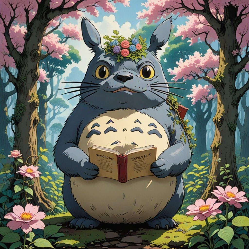 Totoro with Document in Watercolor Comic Style