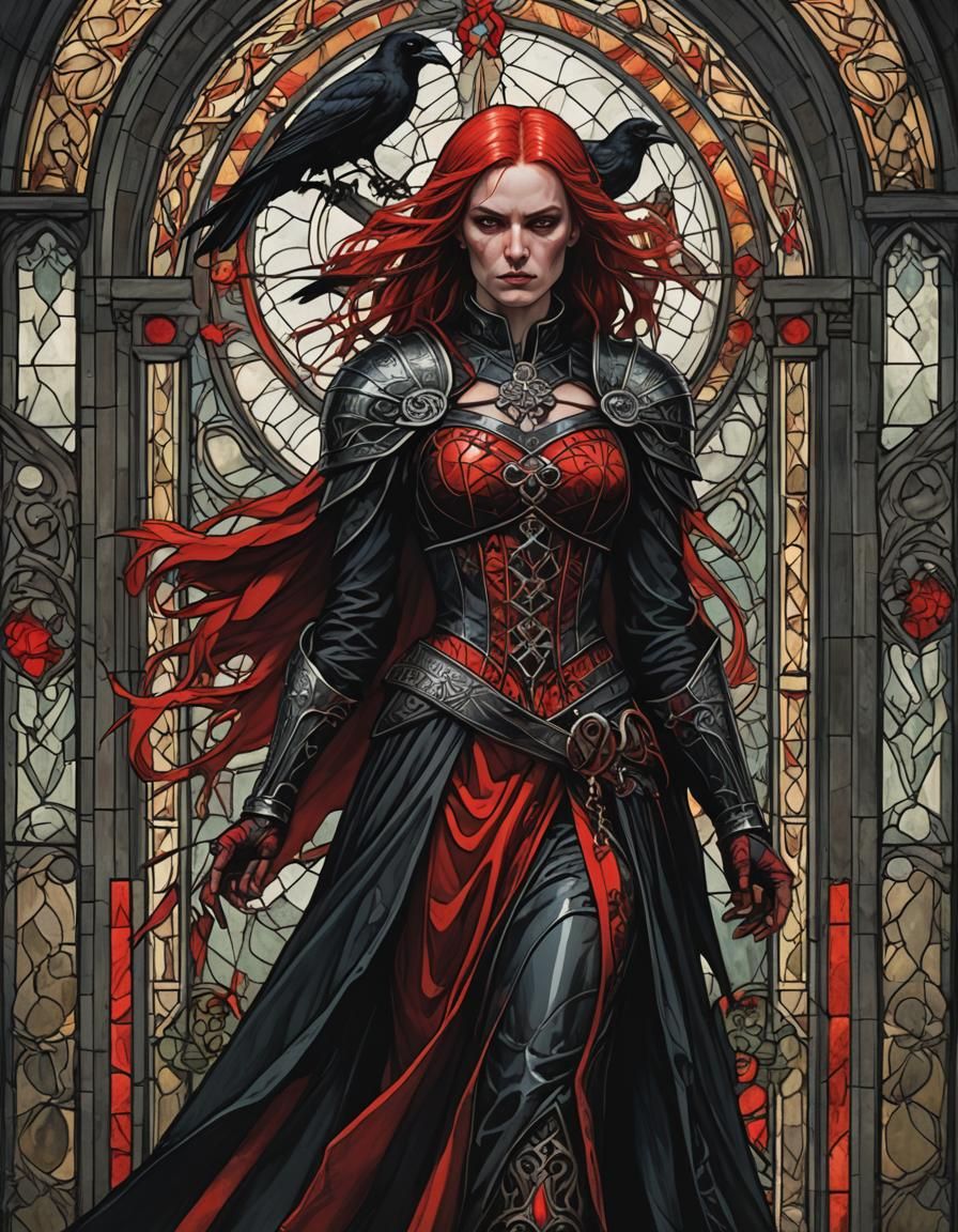 Gothic Celtic Warrior Woman with Ravens and Stained Glass