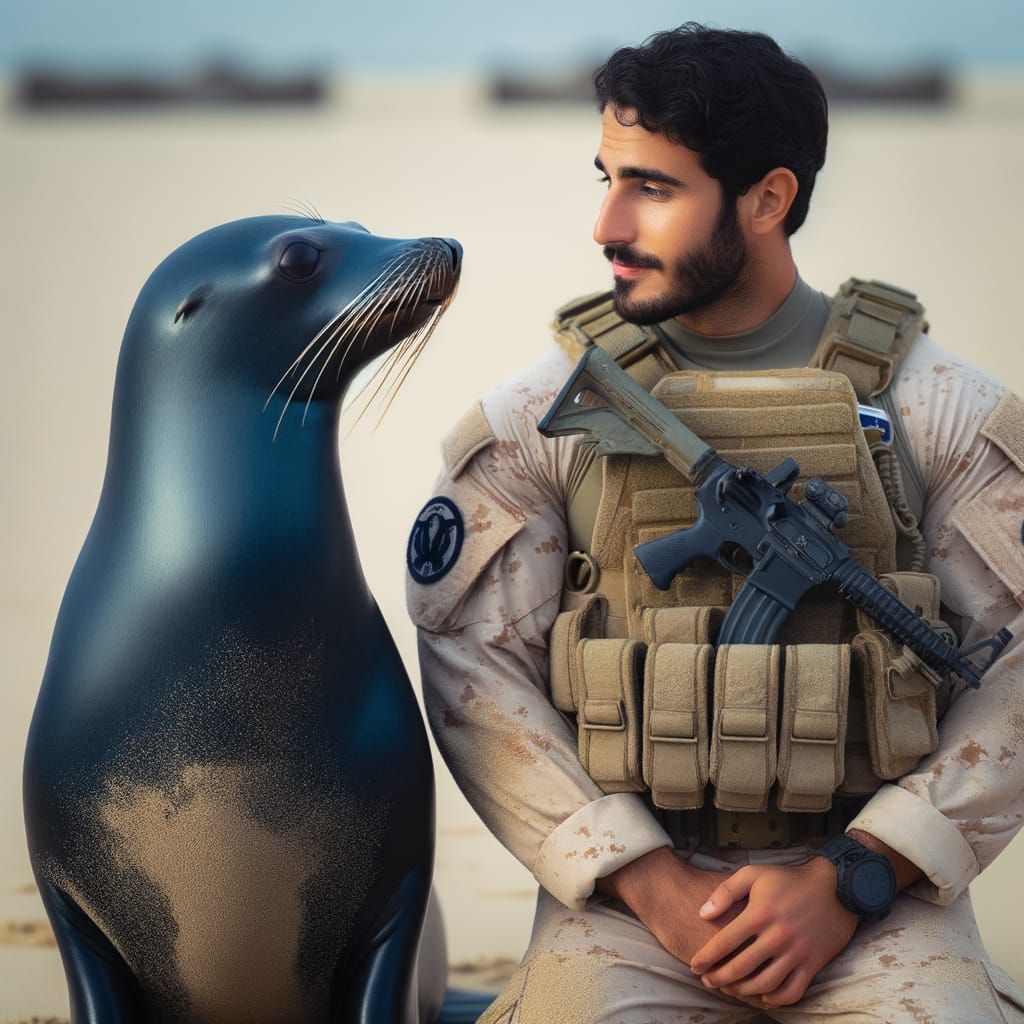 Navy Seal and Seal Animal Encounter on Beach