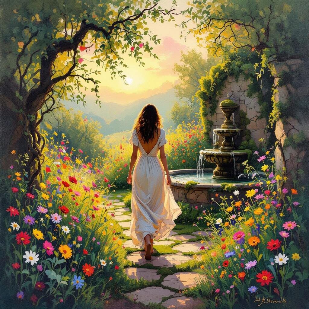 Woman in Wild Garden Sunrise: Impasto Impressionism