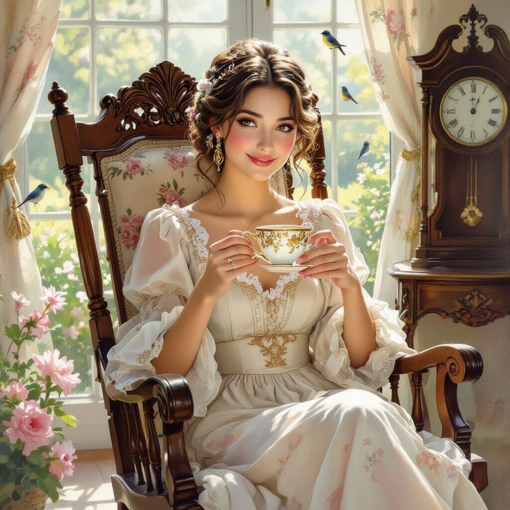 Elegant Lady in Rocking Chair with Teacup, Art Nouveau Style