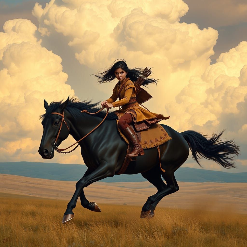 Majestic Wild West Warrior Rides Through Stormy Plains
