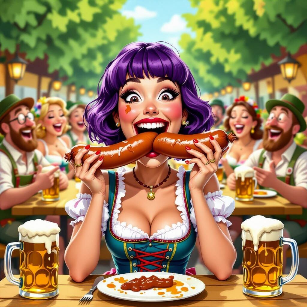 Caricatured Bavarian Woman Eating Sausage at Oktoberfest