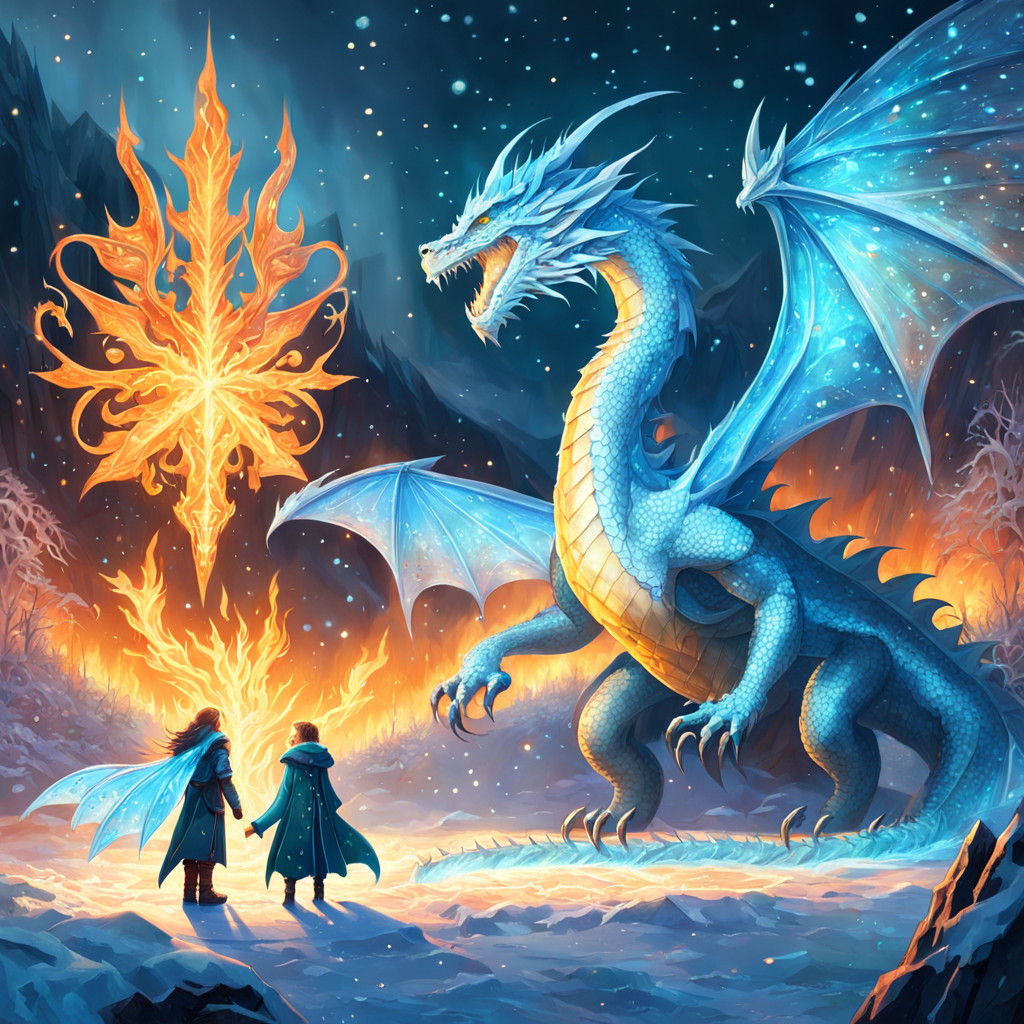 Epic Fantasy Scene: Young Girl and Majestic Icy Blue Dragon...