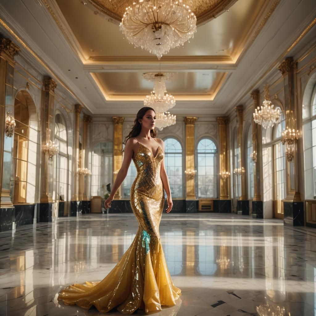 Brunette Woman in Crystal Mermaid Dress in Ballroom