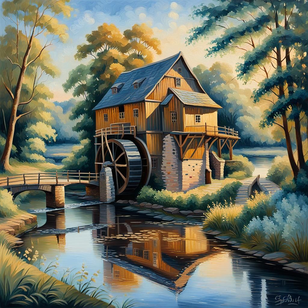 Impressionist Watermill Landscape in Evening Light