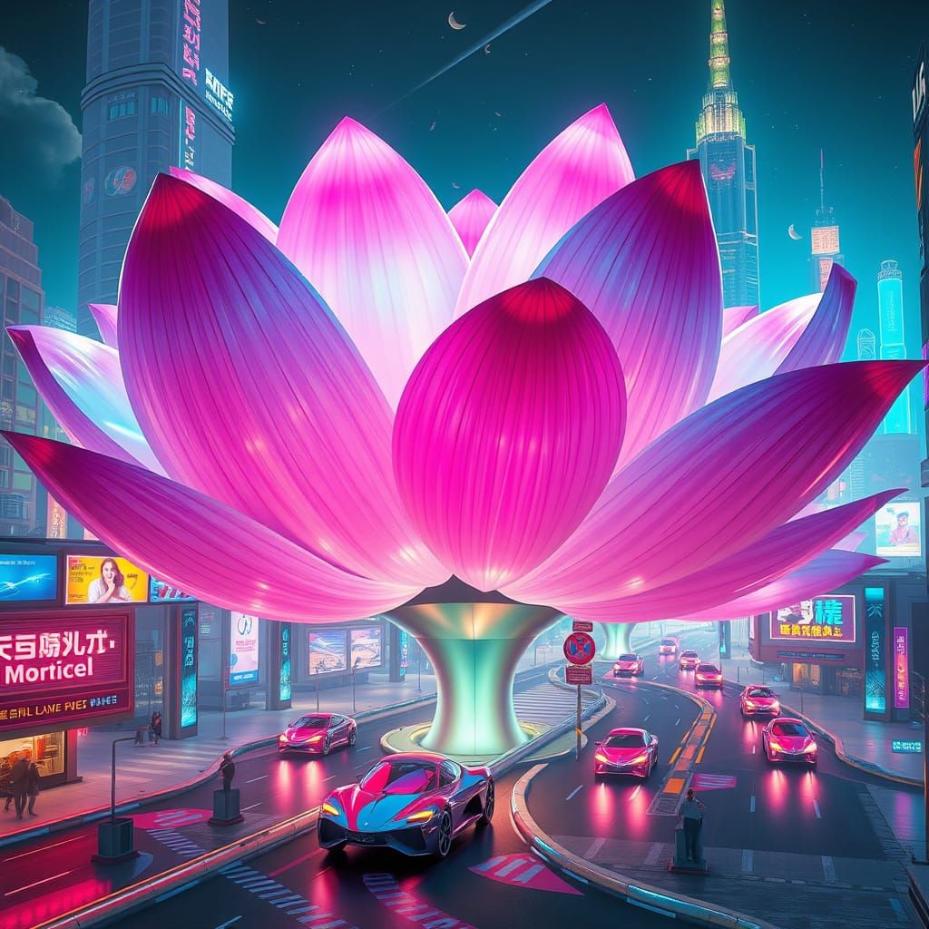 Futuristic Cityscape with Iridescent Lotus Flowers