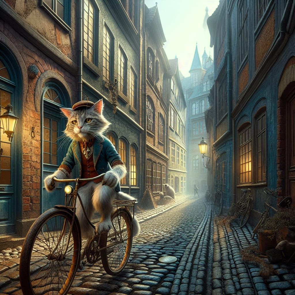 Whimsical Cat Biking Through a Danish City