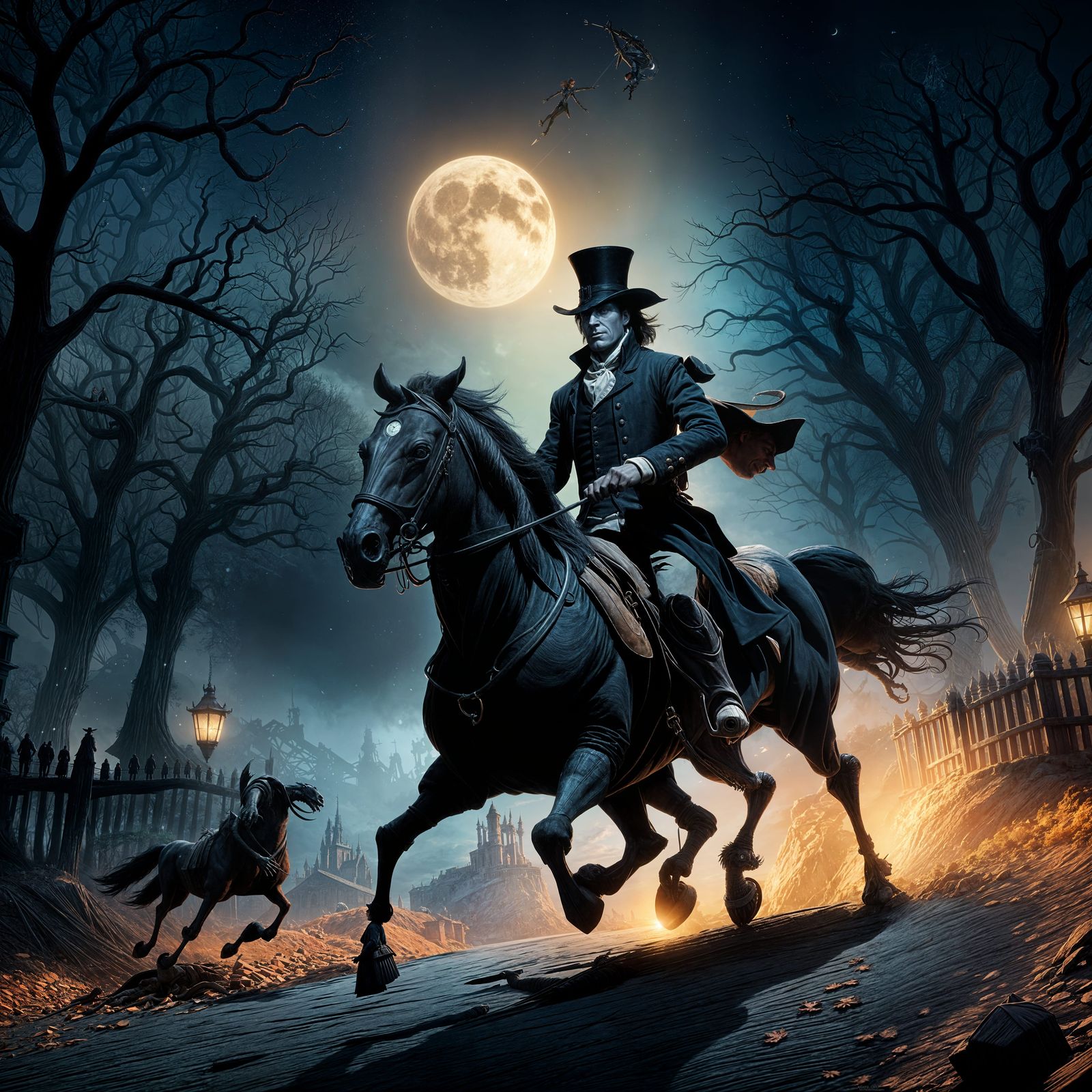 Ichabod Crane and Headless Horseman in Pixar Style