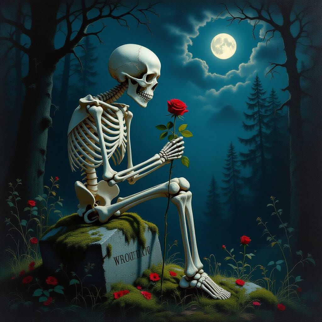 Skeleton's Melancholy Longing for Moonlit Forest
