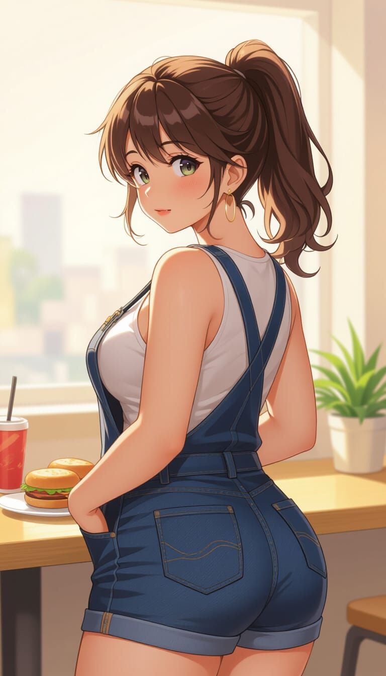Shy Woman in Overalls: Cel-Shaded Anime Style