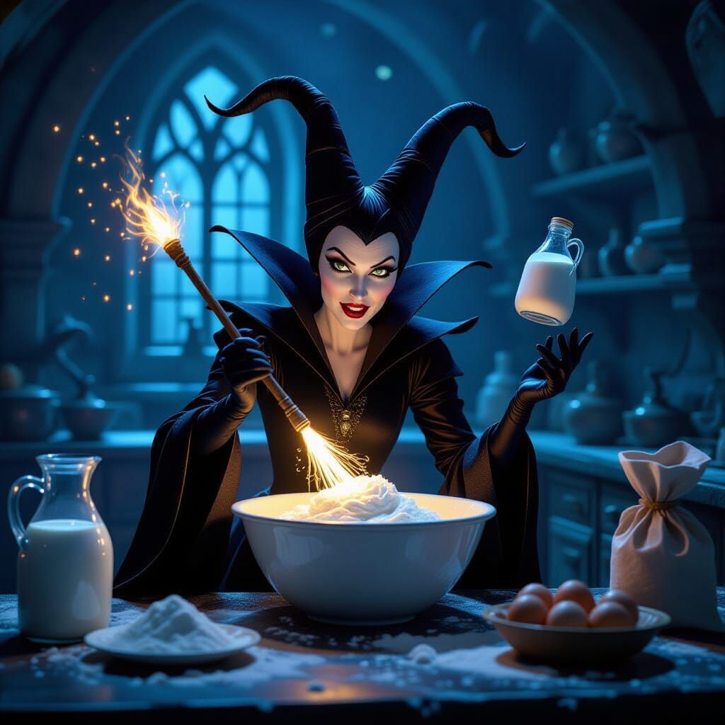 Maleficent Baking a Cake in Her Dungeon Kitchen