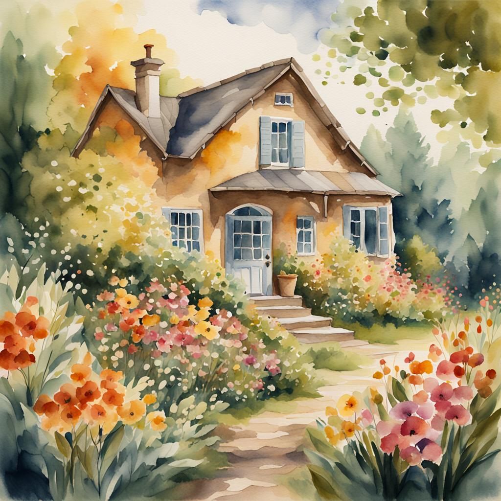 Cozy Summer House Watercolor Painting in Sally Swannell Styl...
