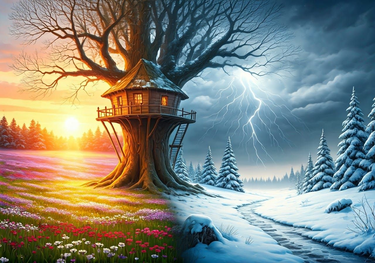 Contrasting Landscapes: Frozen Snowscape and Sunny Meadow