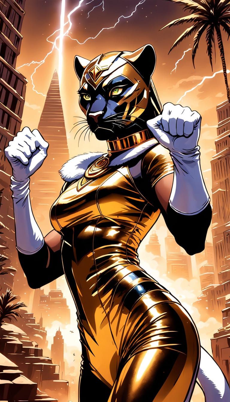 Gigantic Furry Female Panther Goddess in Shiny Gold Bodysuit