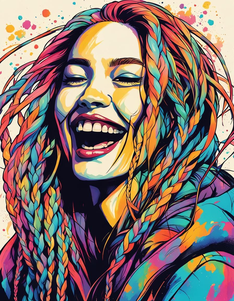 Punk Villainess Laughing: Ink Illustration with Neon Colors