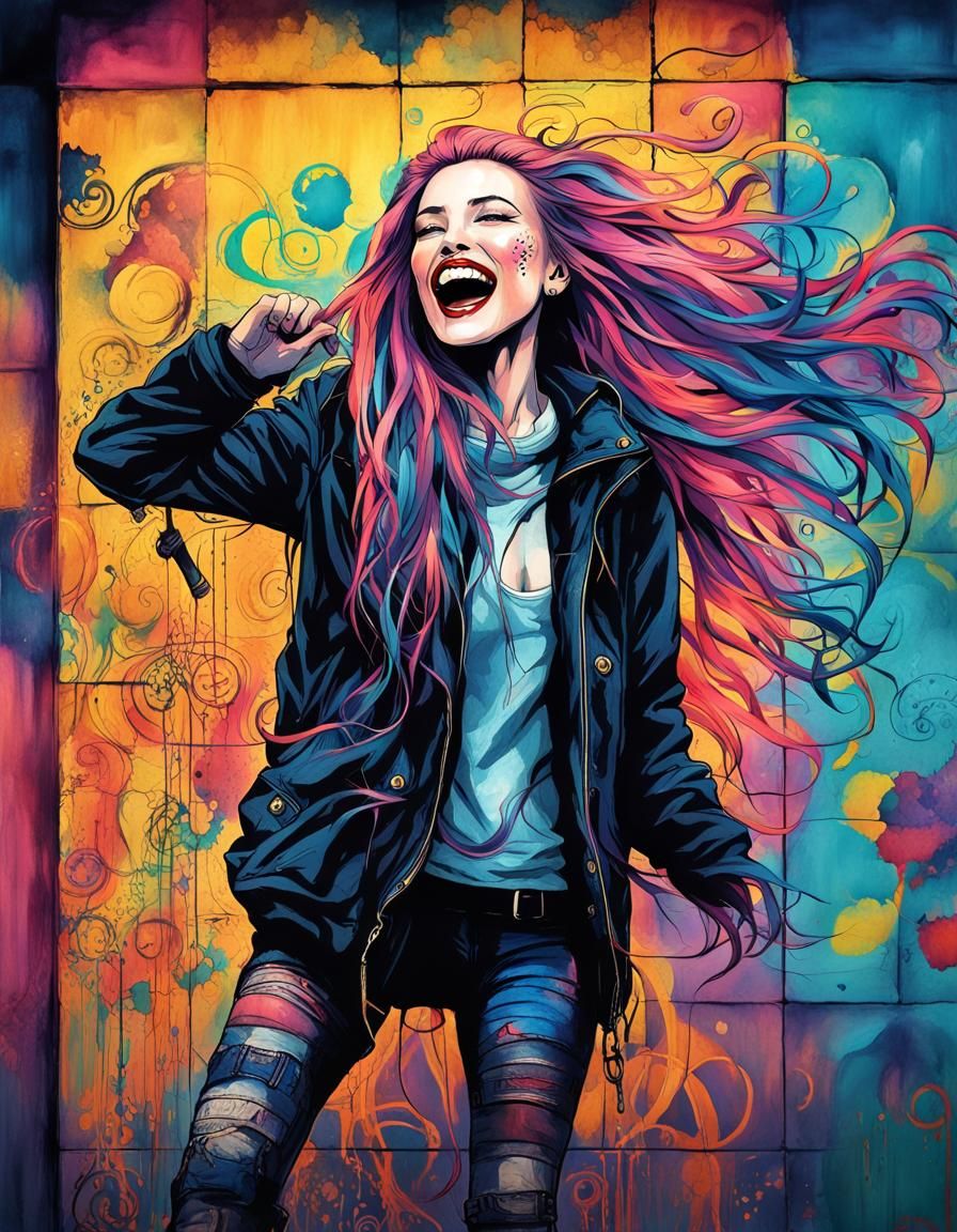 Punk Villainess Laughing: Ink Illustration with Neon Accents