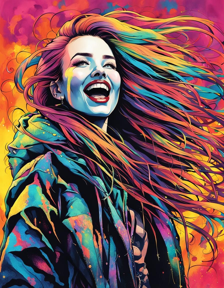 Neon-Punk Villainess: Ink Illustration with Flowing Hair