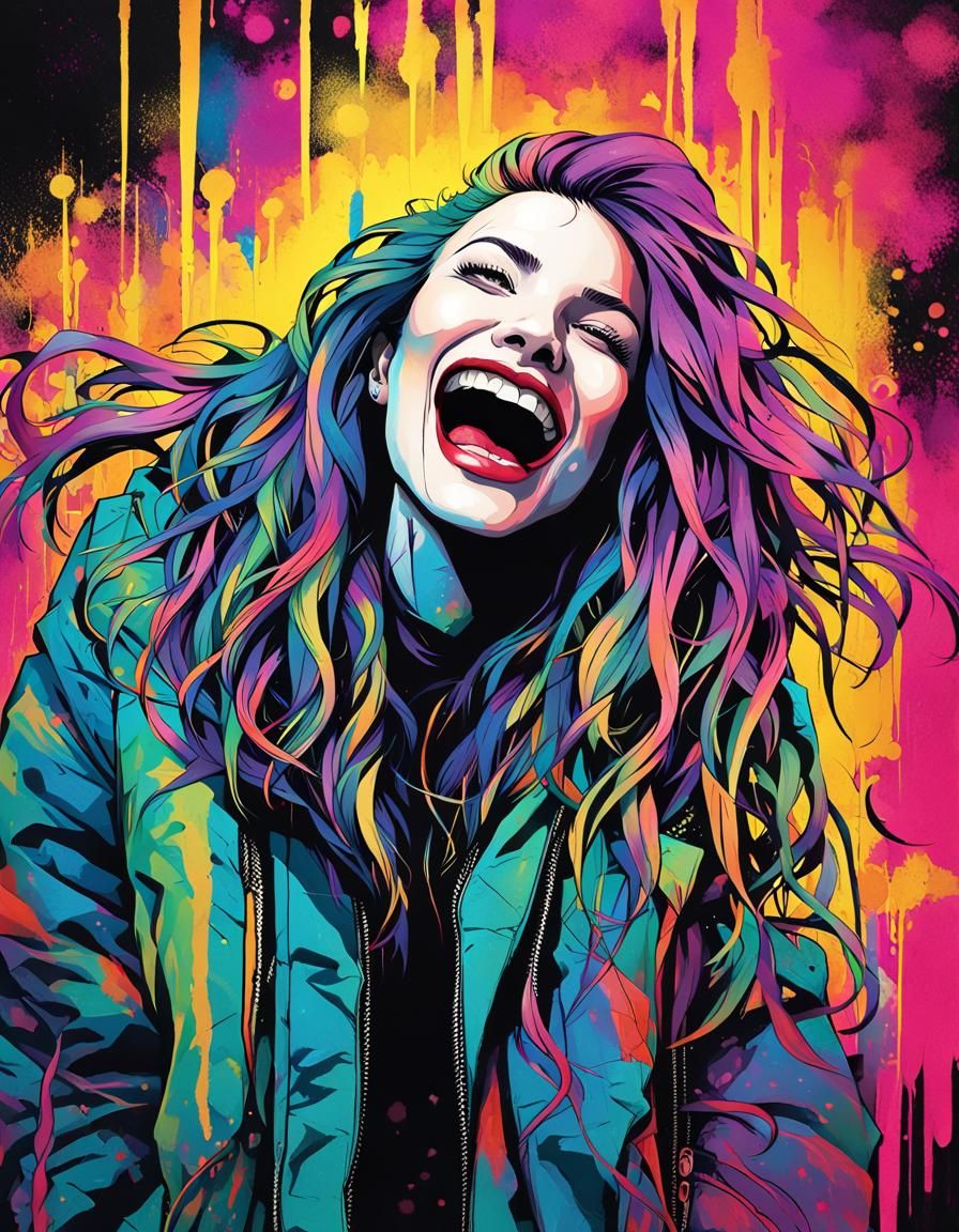 Ink Illustration of Laughing Punk Villainess