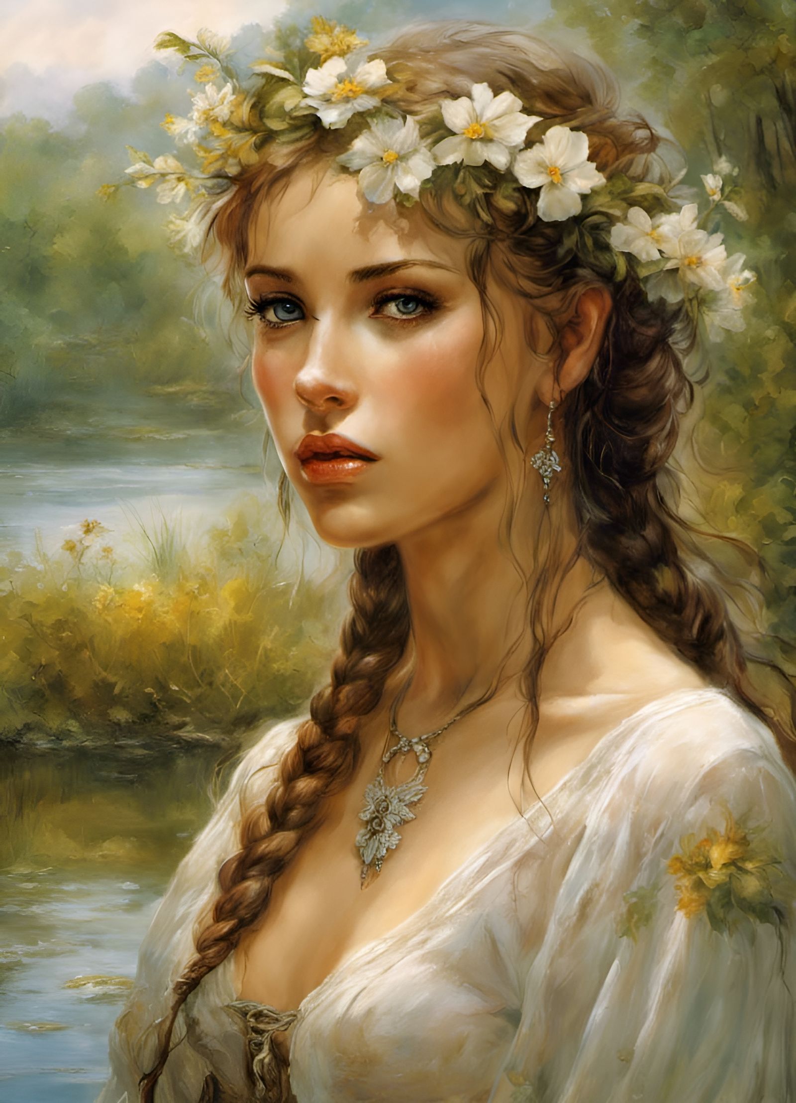 Freckled Girl Disrobing by Forest Lake in Hyperrealism