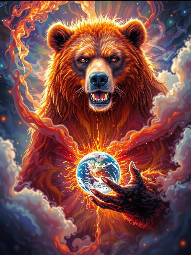 A growling bear holding a glowing globe with an image of the earth inside surrounded by generals of smoke