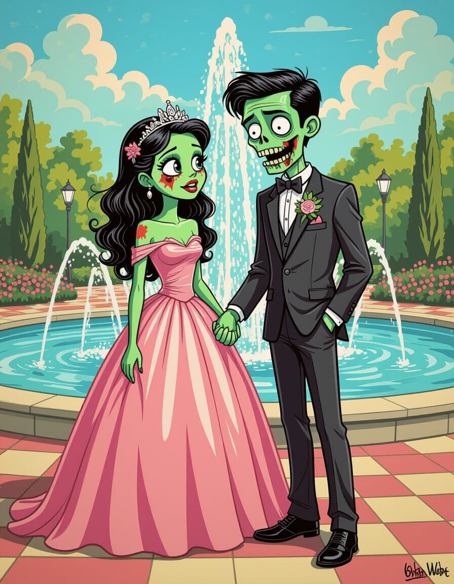 Zombie Prom Couple in Vintage Pop Art Style