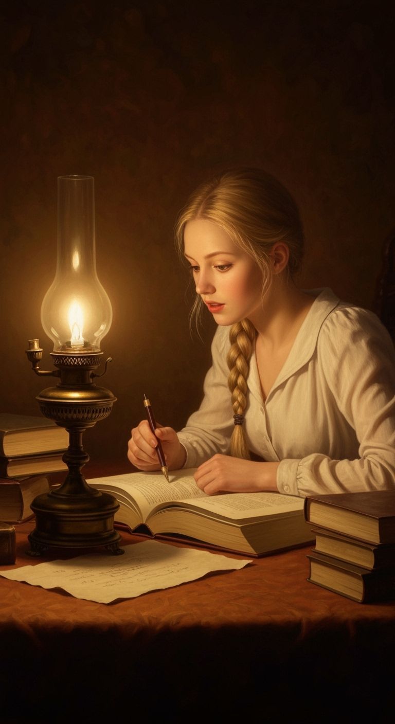 Woman Studying by Gas Lamp in Impressionist Style