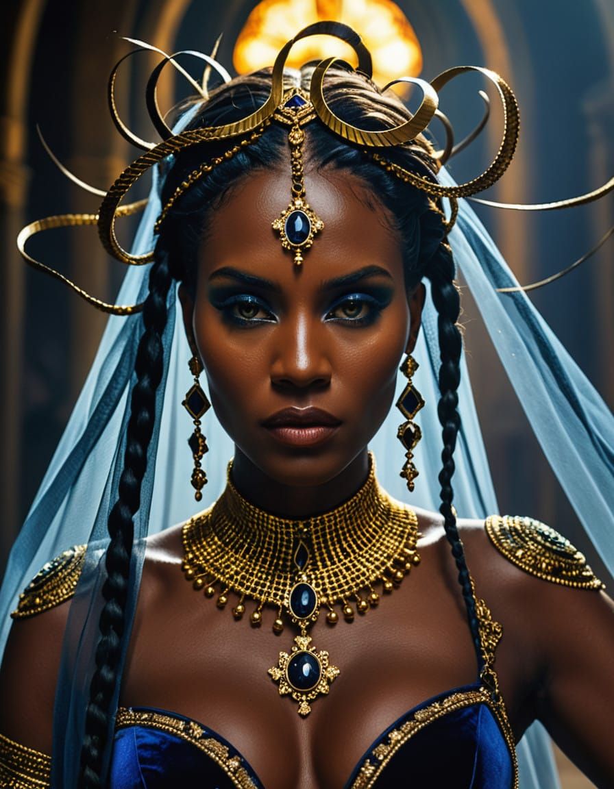 Regal Dark Skinned Goddess in Golden Majesty