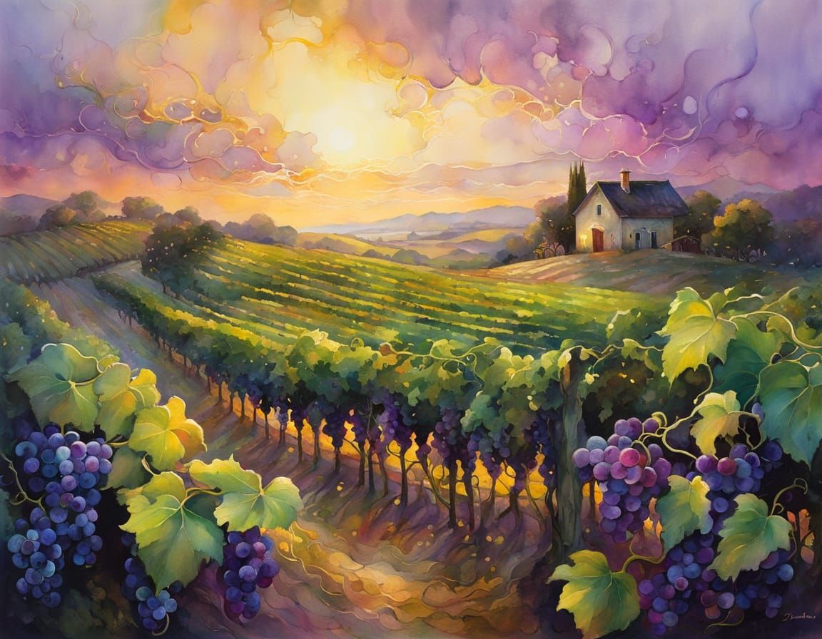 Surreal Watercolor Scene of Endless Vineyard in Golden Hour