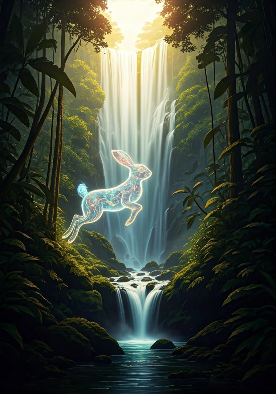 Ethereal Rainbow Rabbit Leaping by Waterfall