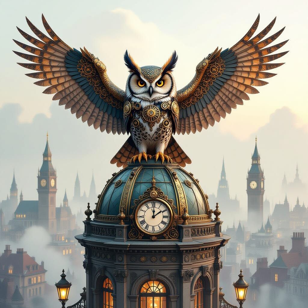 Steampunk Owl Over Victorian Cityscape