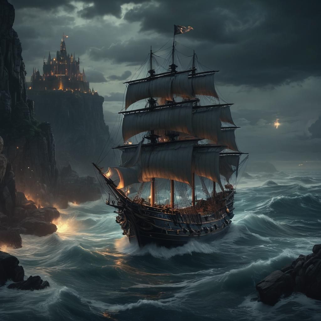 Fantasy Ship and Castle in Anime Style