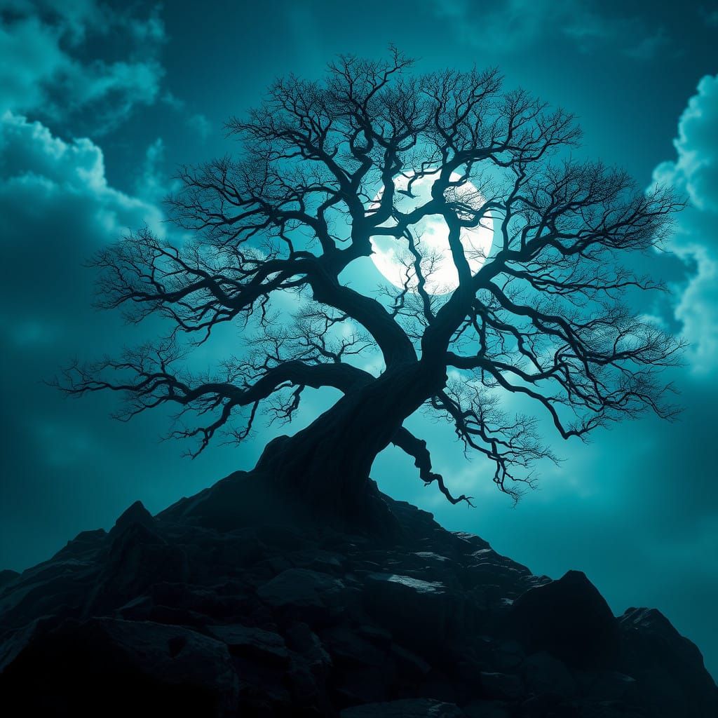 Ethereal Tree Silhouette Under Lunar Glow