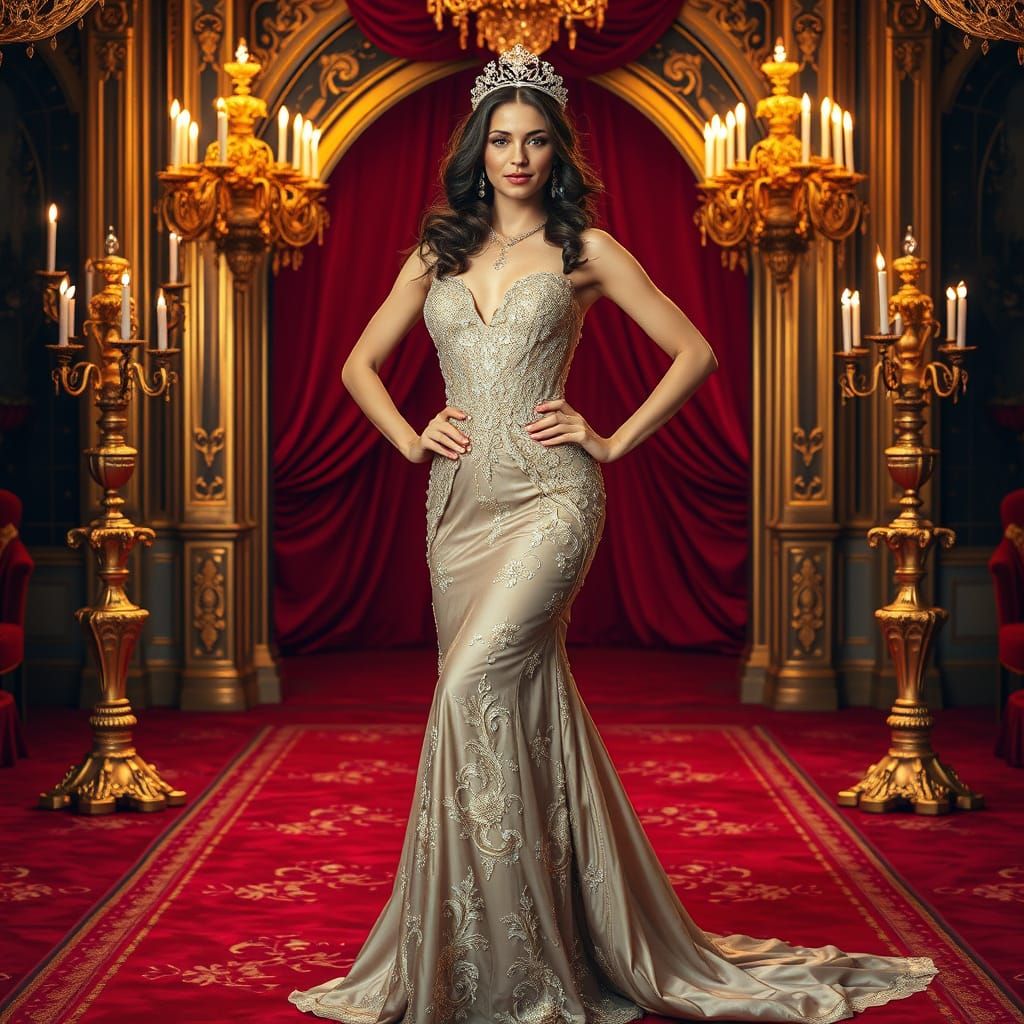 Elegant Beauty Queen Poses in Opulent Evening Gown