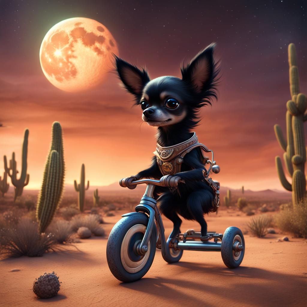 Chihuahua's Desert Moon Ride: Detailed Matte Painting