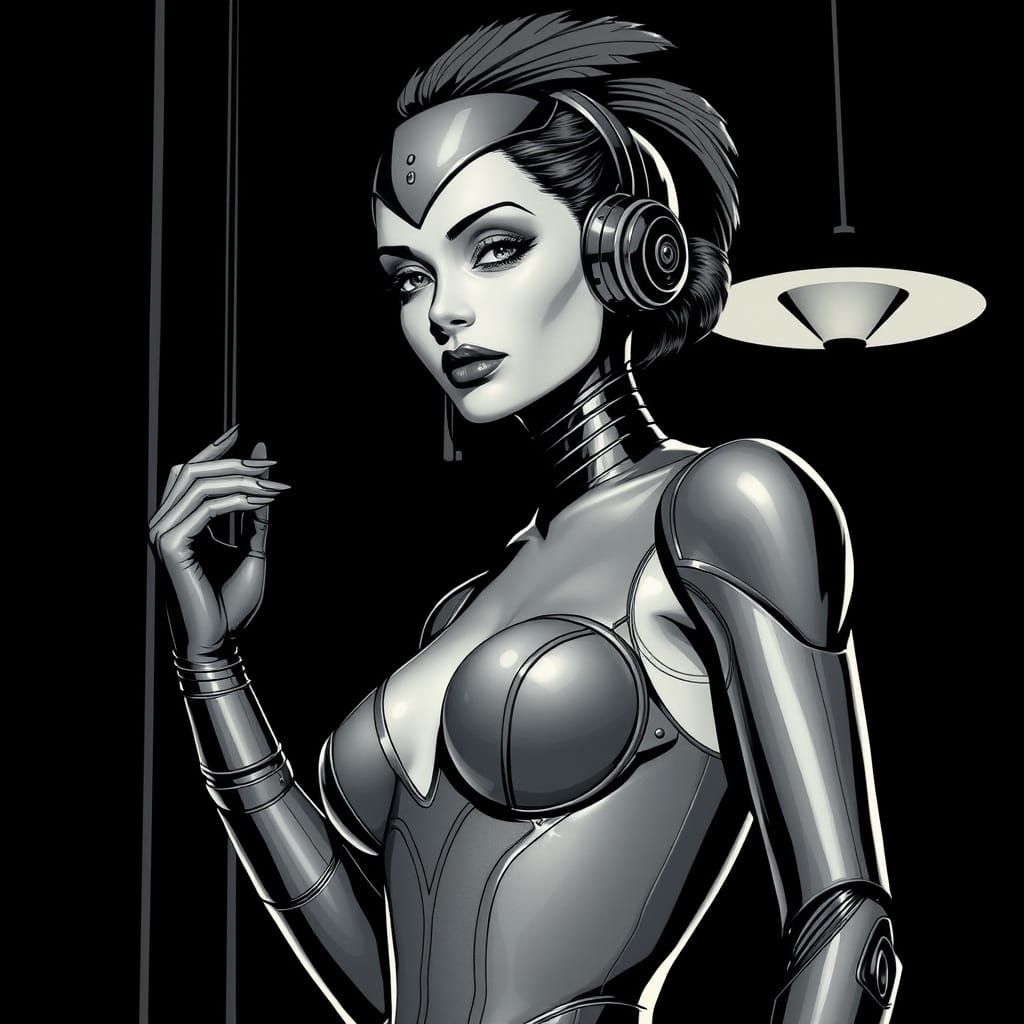 Glamorous Android Starlet in 1930s Film Noir Style