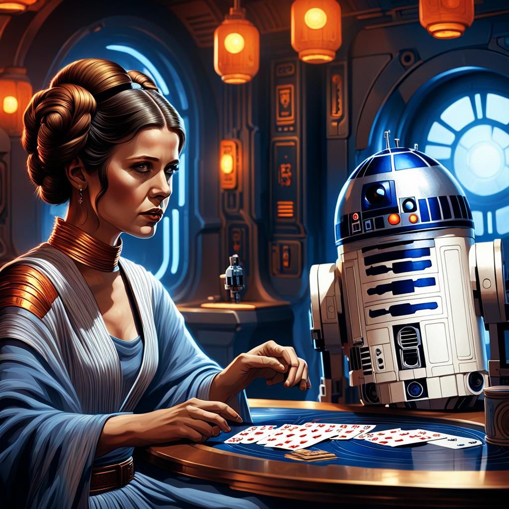 Princess Leia and R2D2 Play Cards: Fantasy Art