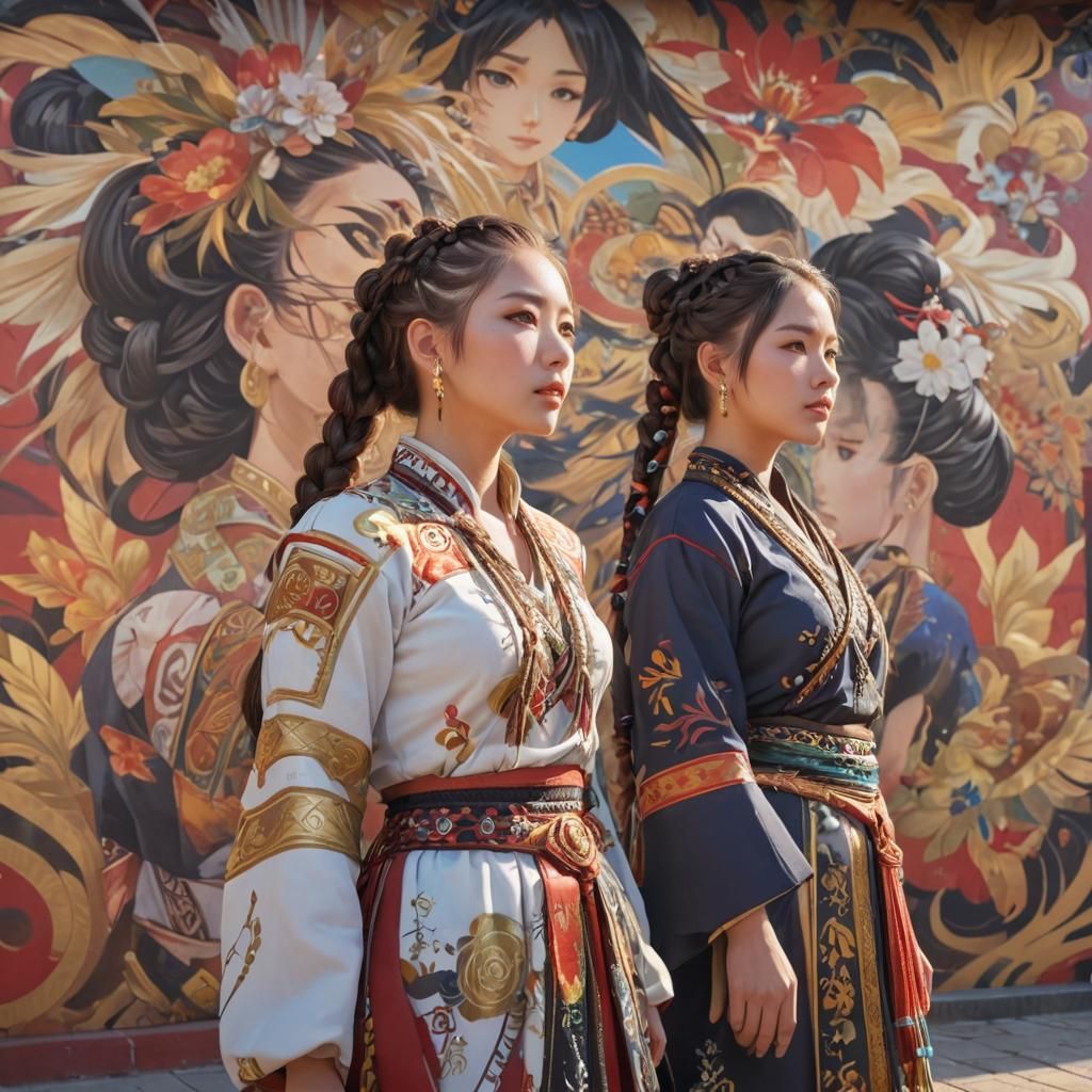 Women Before Mural: 3D Anime Art