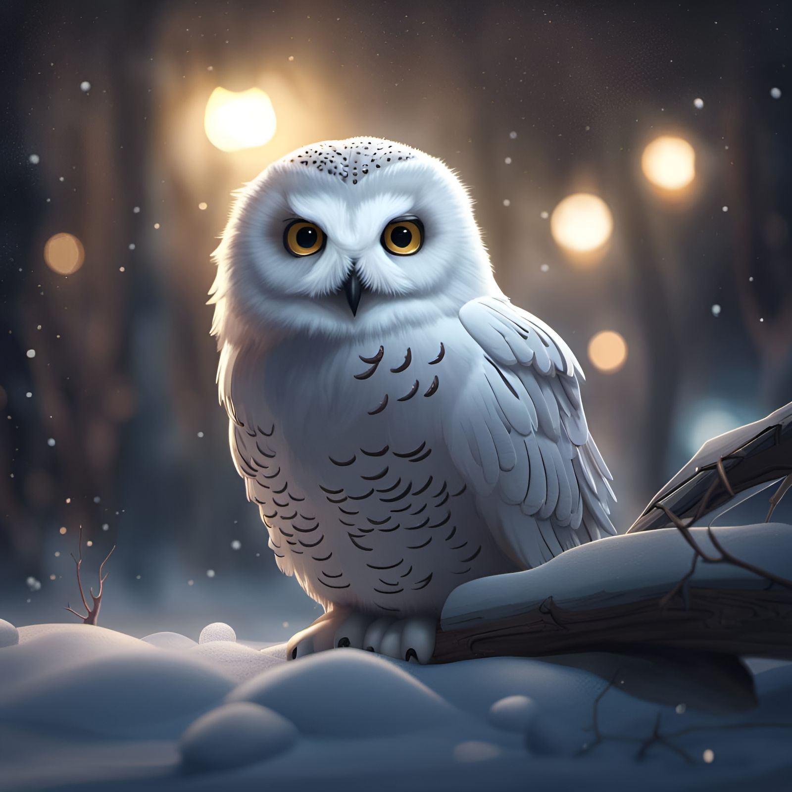Adorable Snow Owl at Night: Digital Art