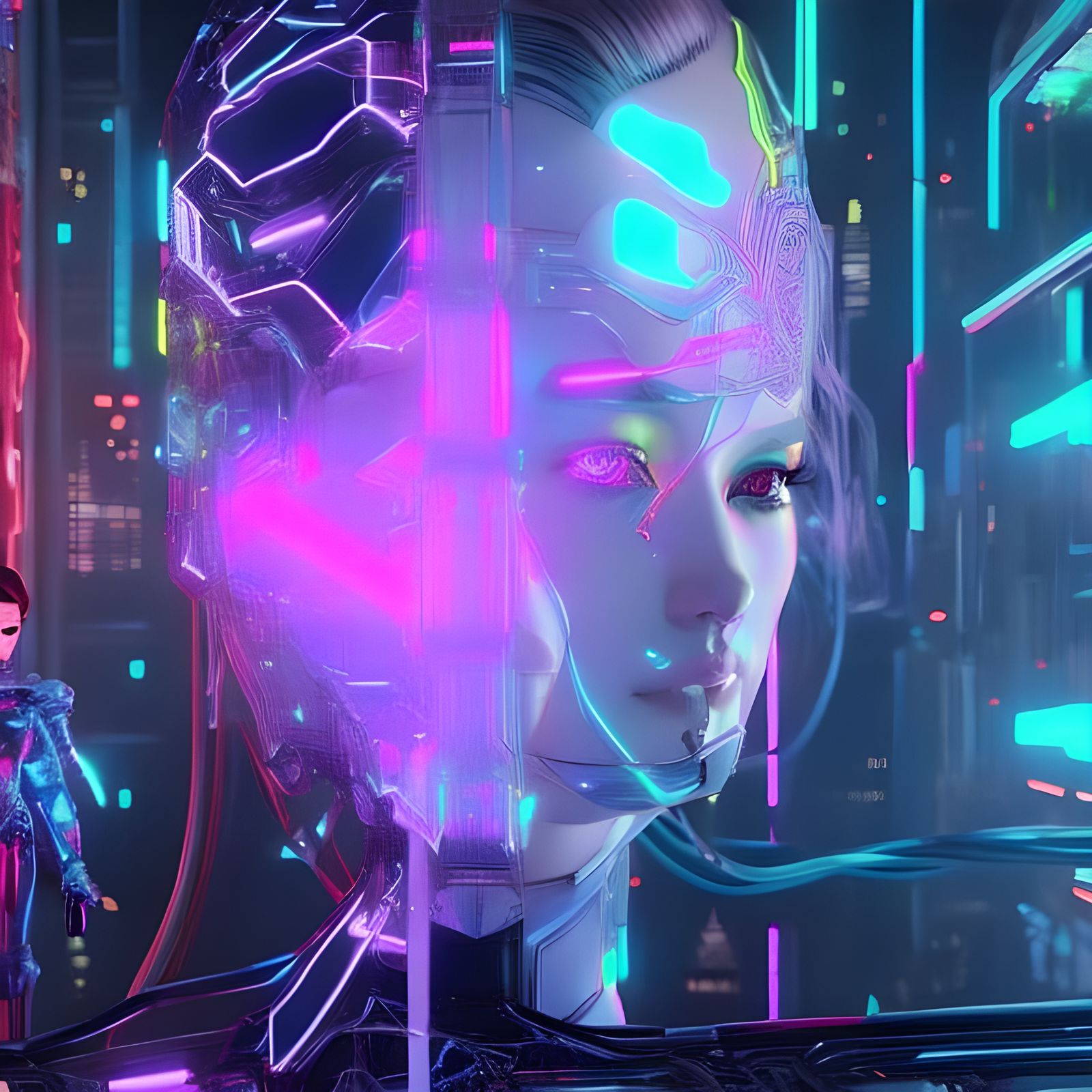 Neon Cyborg Goddess in Cyberpunk Cityscape