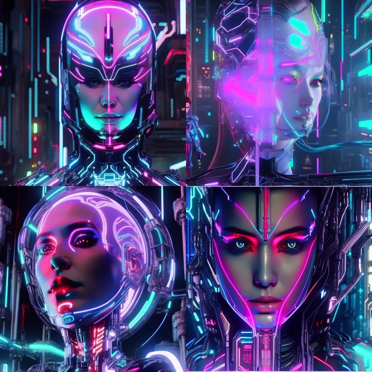 Neon Cyborg Goddess in Cyberpunk Cityscape