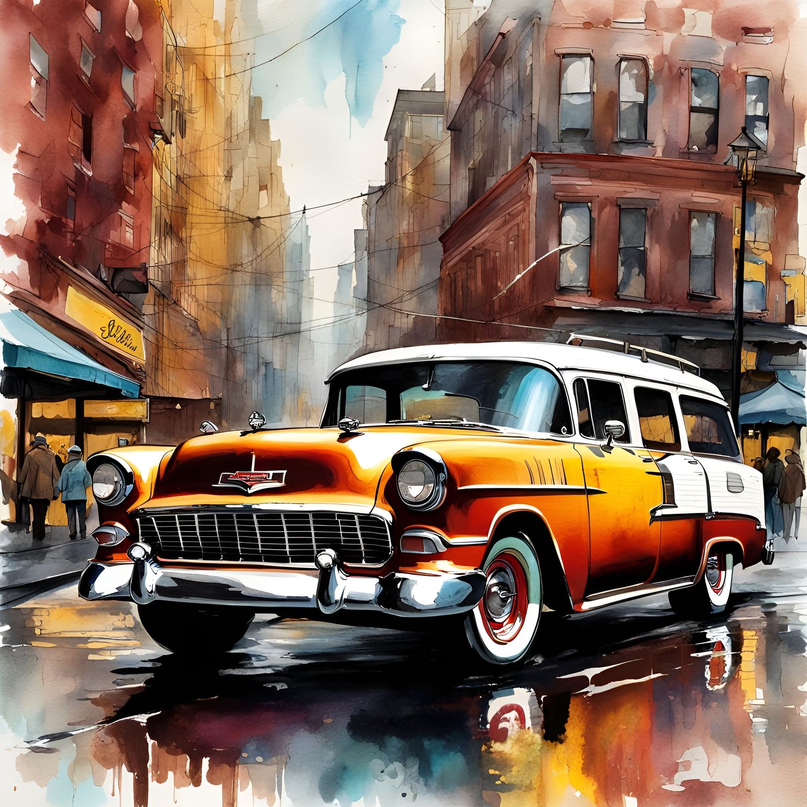 1955 Chevy Station Wagon in Rainy City, Watercolor