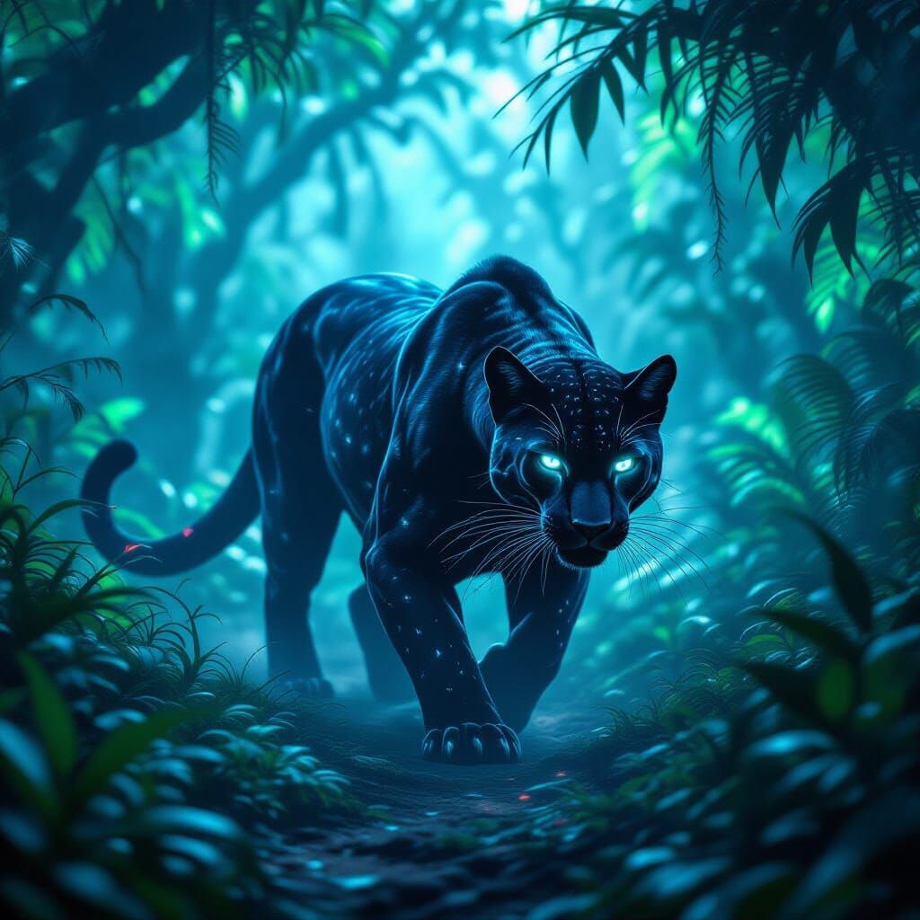Alien Panther Creature in Bioluminescent Jungle