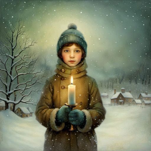 Boy with Candle in Winter Landscape